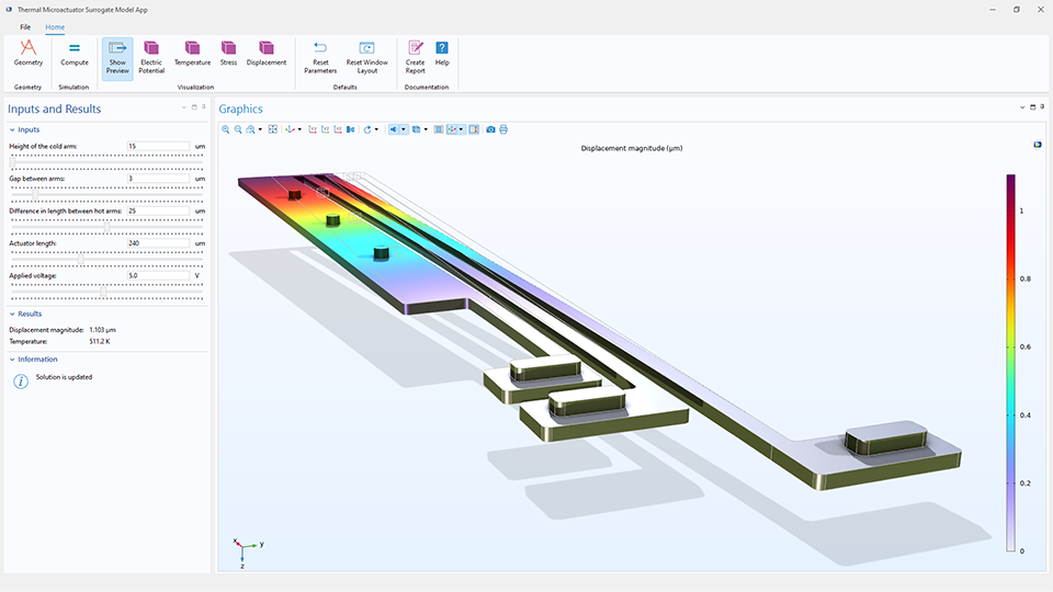 The UI of an opened Thermal Microactuator Surrogate Model app, with various Input and Results sections, and a 3D plot in the Graphics window. 