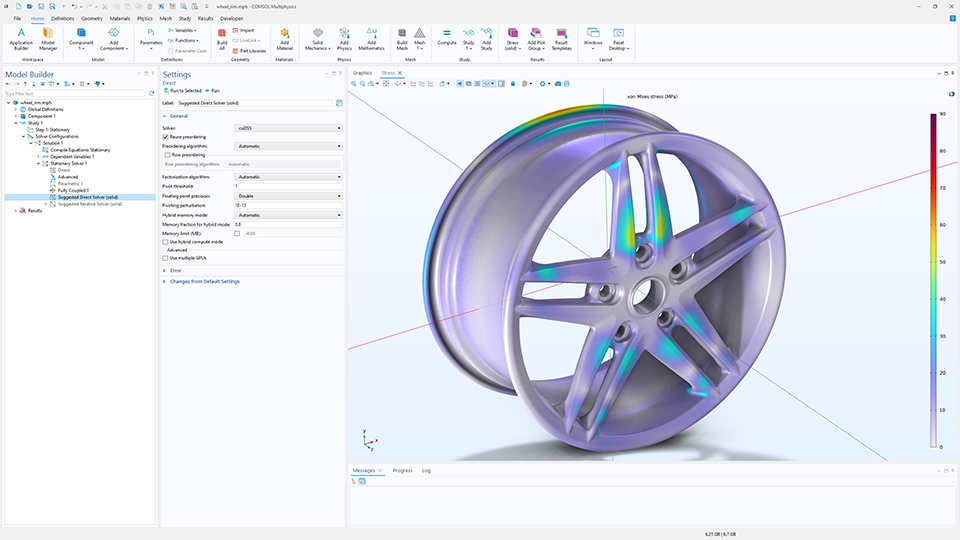 The COMSOL Multiphysics UI showing the Model Builder with the Direct node highlighted, the corresponding Settings window, and a wheel rim model in the Graphics window.
