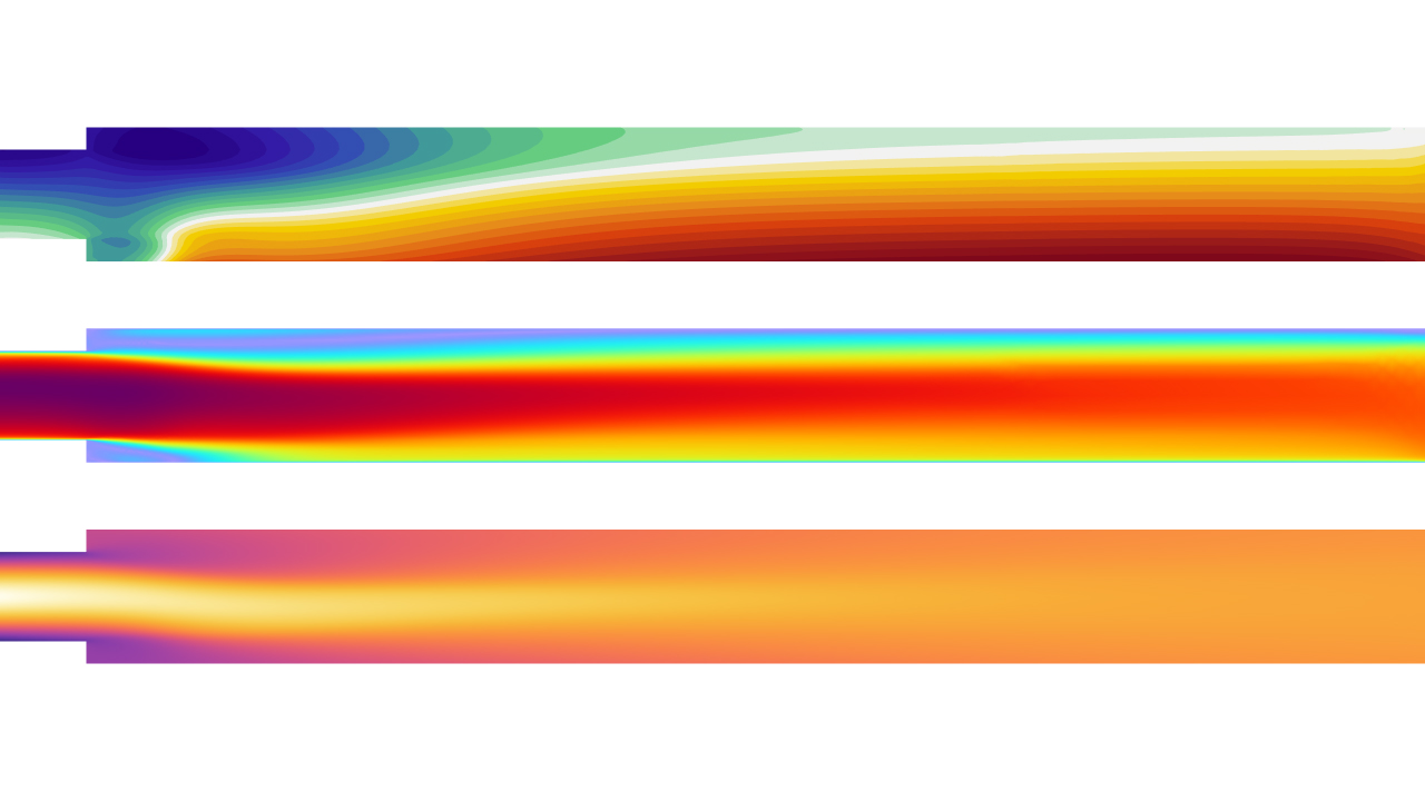 A 2D plot with three rotating channel results showing the pressure, velocity, and temperature.