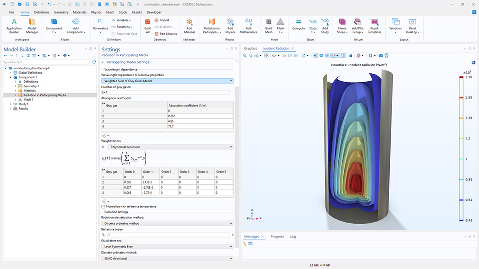L'interface utilisateur de COMSOL Multiphysics montrant le Constructeur de modèles avec le noeud Rayonnement en milieu participatif mis en évidence, la fenêtre de réglages correspondante et un modèle de chambre de combustion dans la fenêtre Graphiques.