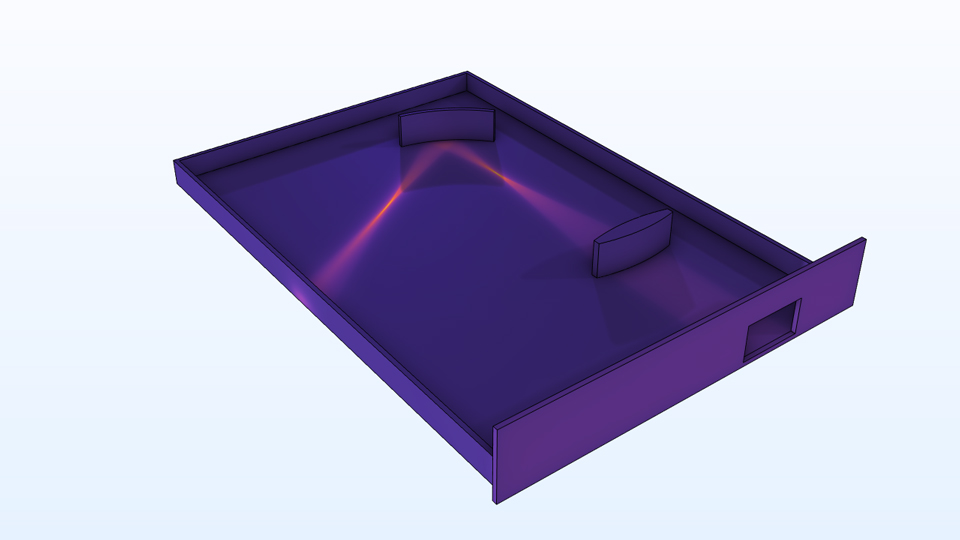 A 3D room model with a convex mirror in it and the heat distribution shown using a color scale.