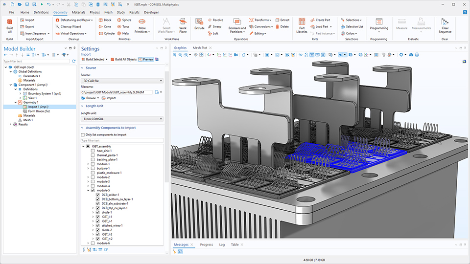 L'interface utilisateur COMSOL Multiphysics montrant le Constructeur de modèles avec le noeud Importer mis en évidence, la fenêtre de réglages correspondante et un modèle IGBT dans la fenêtre Graphiques.