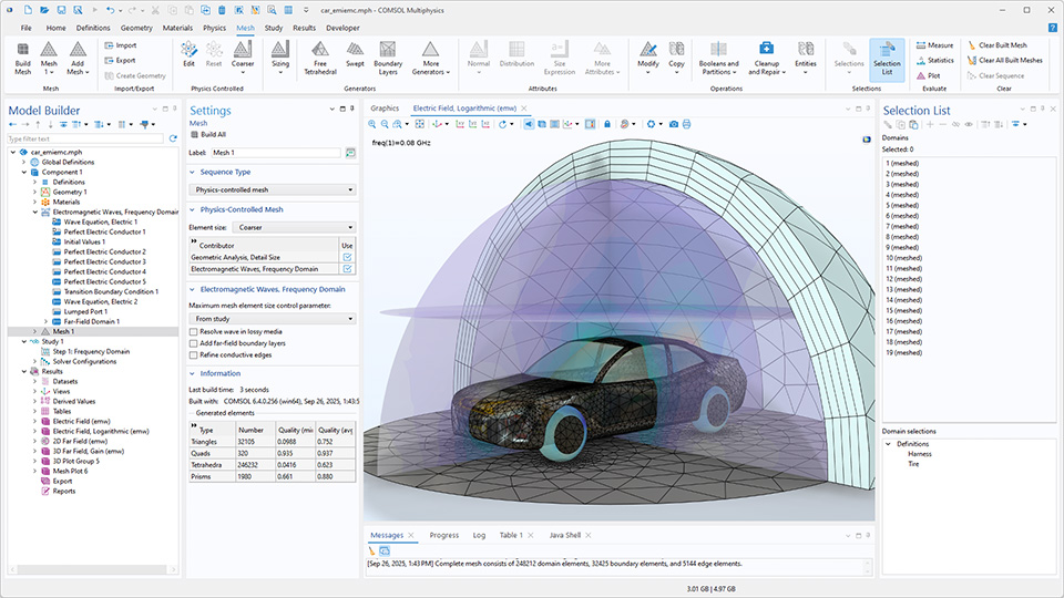 L'interface utilisateur de COMSOL Multiphysics montrant le Constructeur de modèles avec le noeud Maillage mis en évidence, la fenêtre de réglages correspondante, un modèle de voiture dans la fenêtre graphique et la fenêtre Liste de sélections.
