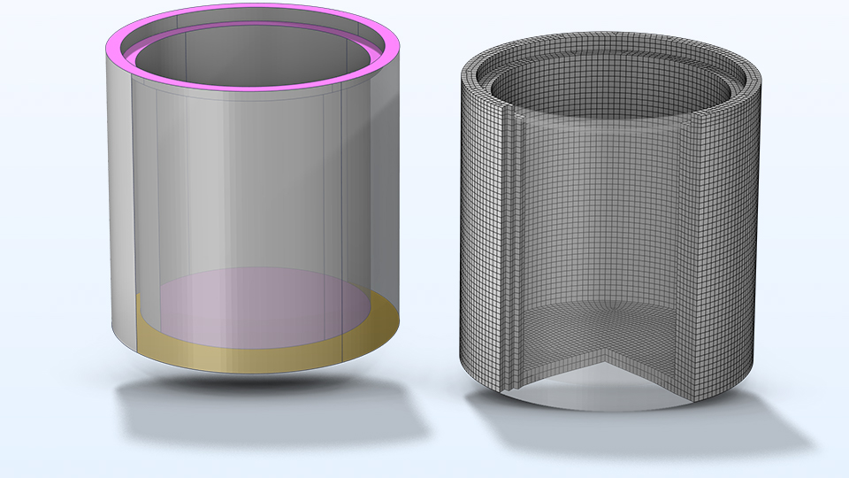Two cylinder models, where the model on the left is showing three disconnected faces in magenta.