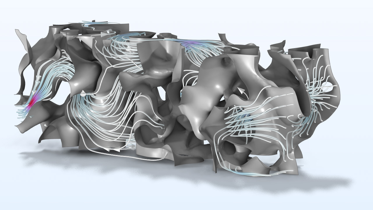 A porous structure model with streamlines flowing throughout it.