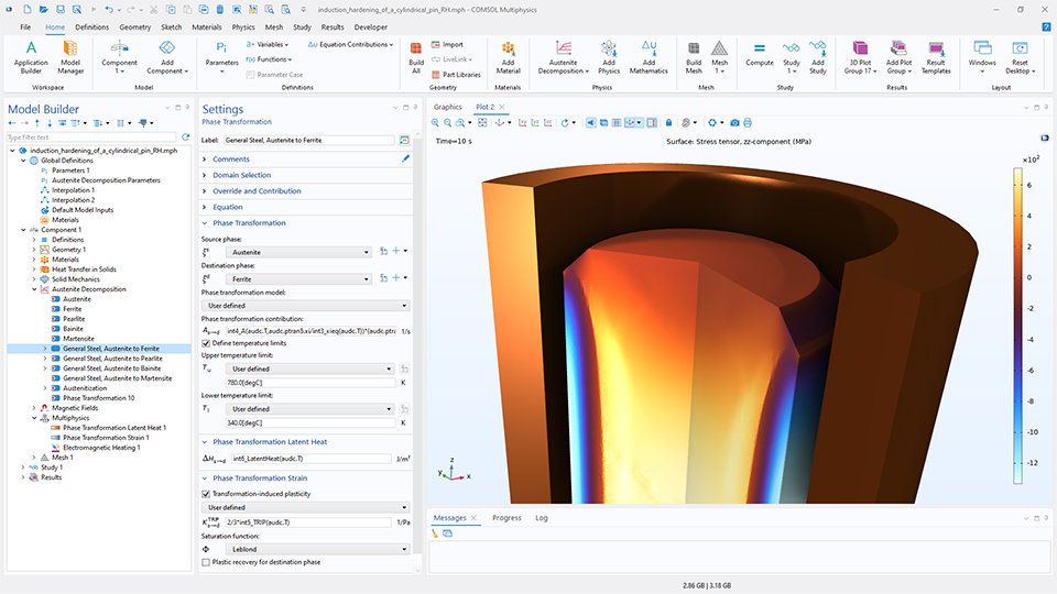 COMSOL Multiphysics のユーザーインターフェース. モデルビルダーに相転移ノードが強調表示され, 対応する設定ウィンドウが表示されています. グラフィックスウィンドウには円筒ピンモデルが表示されています.