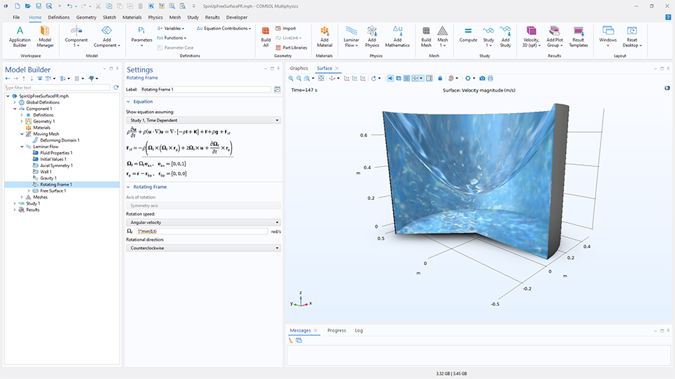 L'interface utilisateur de COMSOL Multiphysics montre le Constructeur de modèles avec le noeud Référentiel tournant mis en évidence, la fenêtre de réglages correspondante et un modèle de surface libre liquide dans la fenêtre graphique.