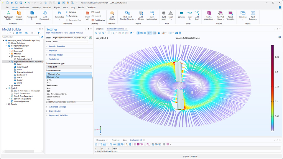 L'interface utilisateur de COMSOL Multiphysics montre le Constructeur de modèles avec le noeud Ecoulement à haut nombre de Mach, Spalart–Allmaras mis en évidence, la fenêtre de réglages correspondante et un modèle de rotor d'hélicoptère dans la fenêtre graphique.