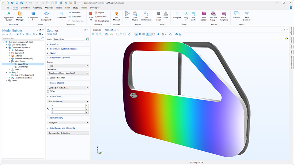 COMSOL Multiphysics のユーザーインターフェース. モデルビルダー内でヒンジジョイントノードが強調表示され, 対応する設定ウィンドウ, グラフィックスウィンドウに車のドアのモデルが表示されています.