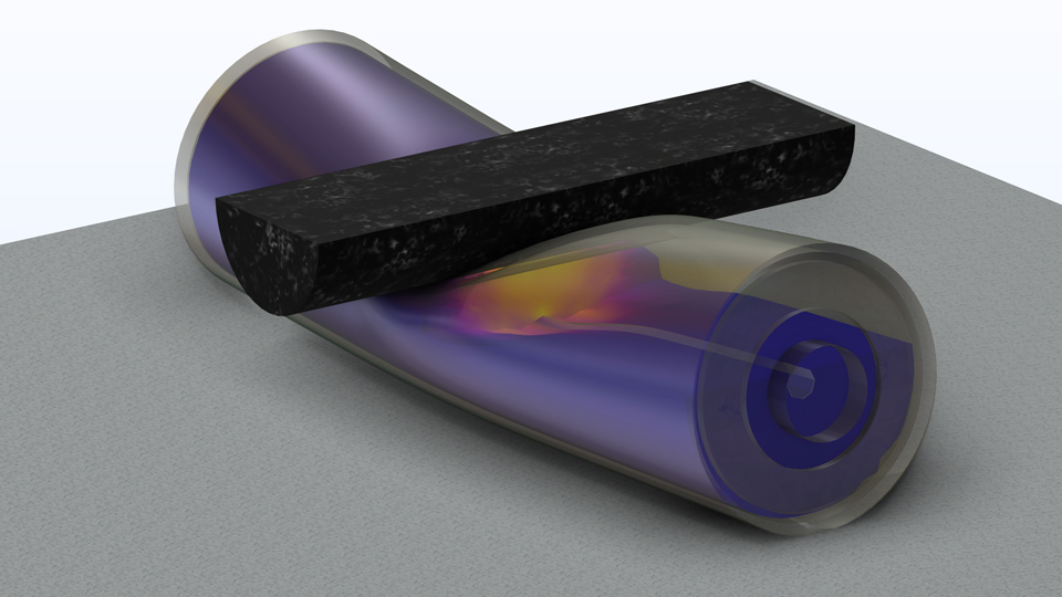 A cylindrical battery model with an indenter pressed onto the battery, showing the pressure results.