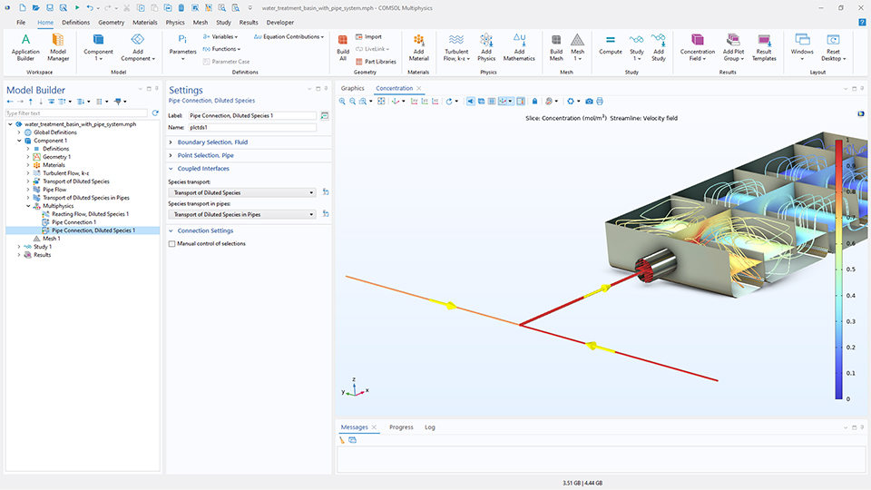 L'interface utilisateur de COMSOL Multiphysics montrant le Constructeur de modèles avec le noeud sélectionné Connexion sur conduite, espèces diluées; la fenêtre de réglages correspondantes; et un bassin de traitement d'eau dans la fenêtre graphique.