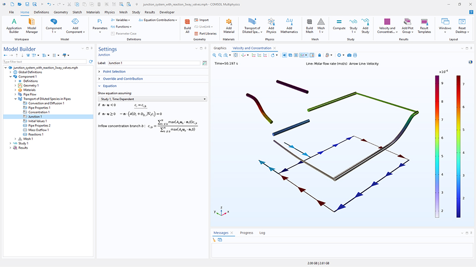 The COMSOL Multiphysics UI showing the Model Builder with the Junction node highlighted, the corresponding Settings window, and a junction system in the Graphics window.