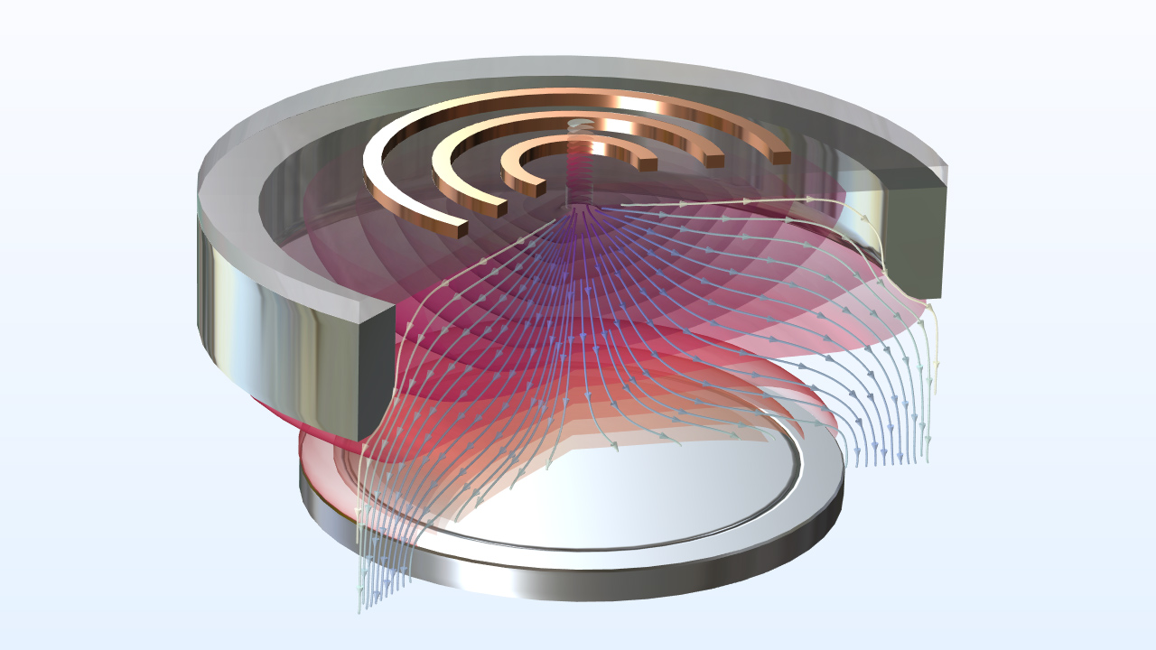 An ICP reactor model with streamlines showing the fluid velocity.