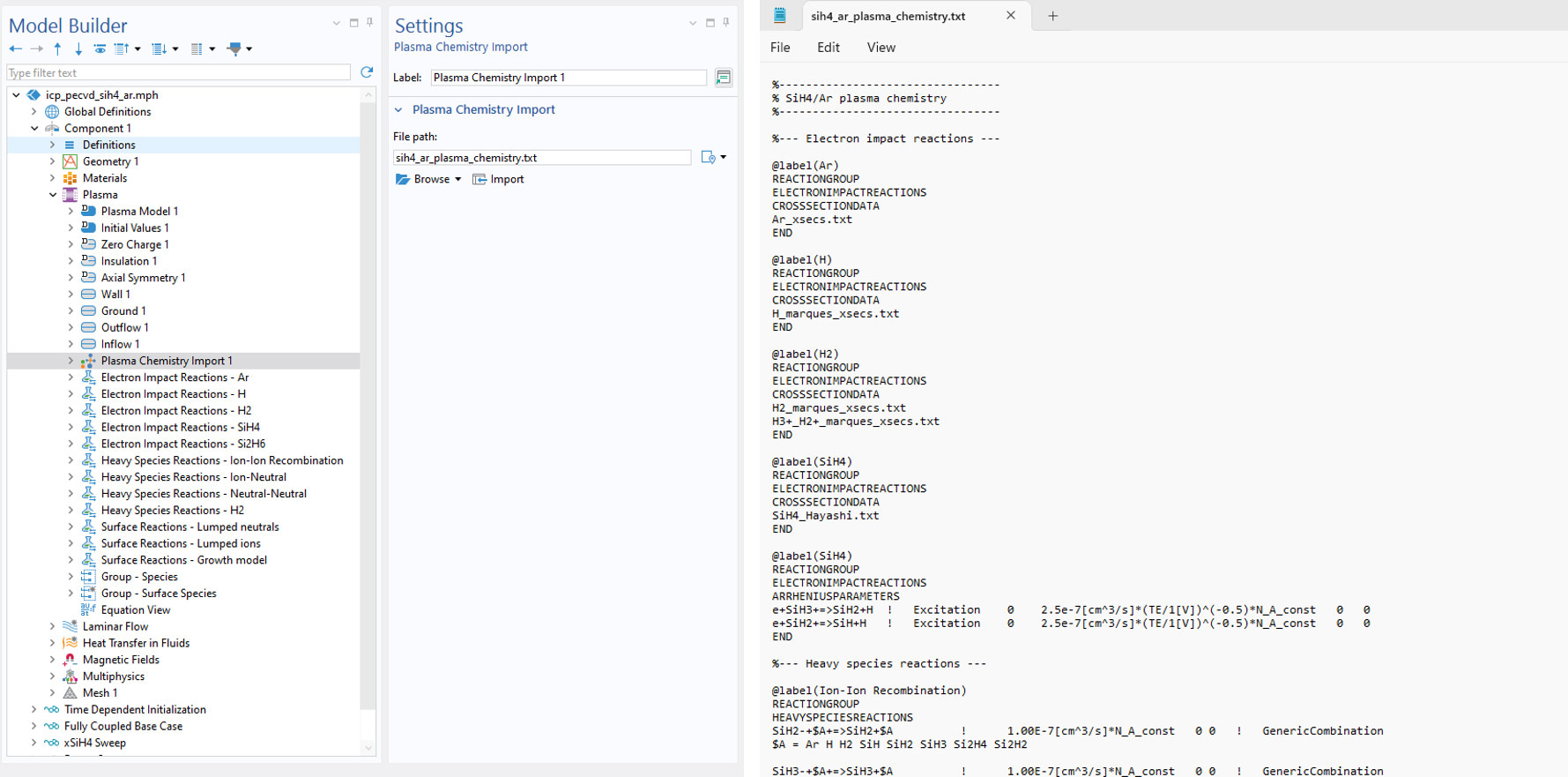 A close-up view of the Model Builder with the Plasma Chemistry Import node highlighted, the corresponding Settings window, and a text file on the right side.