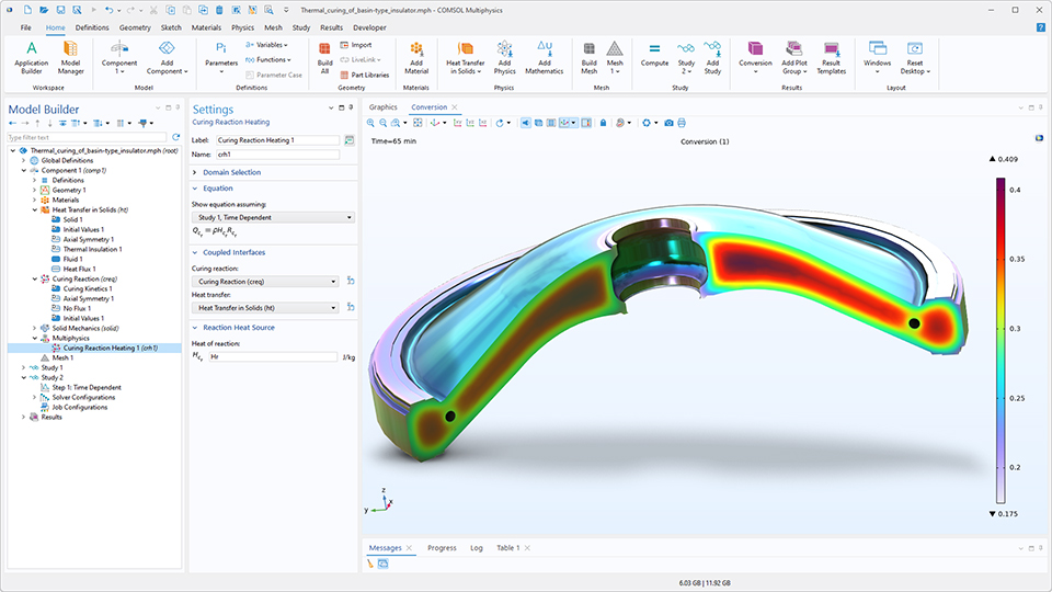 The COMSOL Multiphysics UI showing the Model Builder with the Curing Reaction Heating node highlighted, the corresponding Settings window, and an insulator model in the Graphics window.