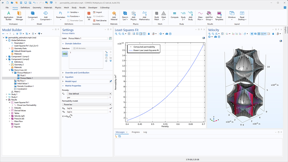 L'interface utilisateur COMSOL Multiphysics illustre le Constructeur de modèles avec le noeud Matrice poreuse mis en évidence, la fenêtre de réglages correspondante et deux fenêtres Graphiques.