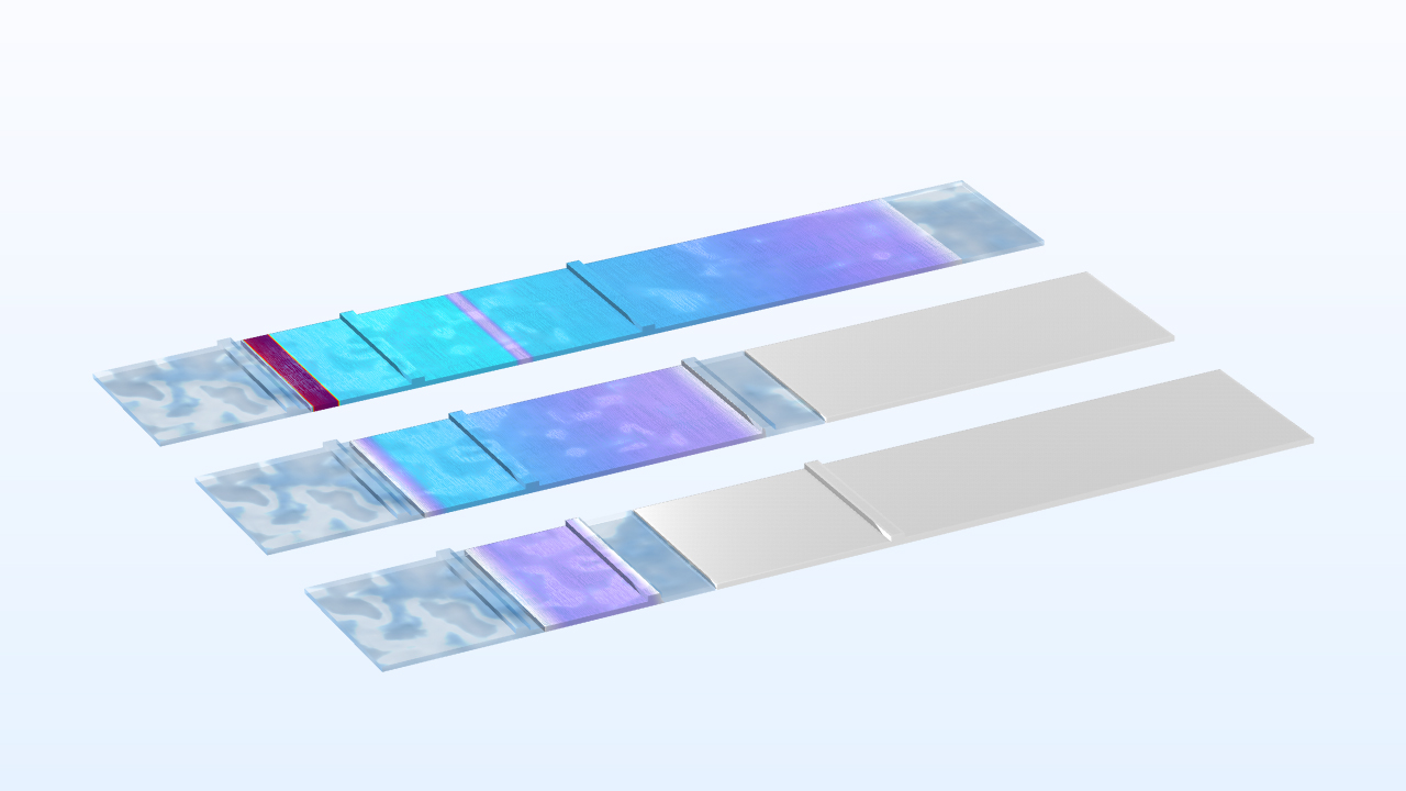 Simulation results showing the lateral flow through the membranes of a lateral flow assay test.