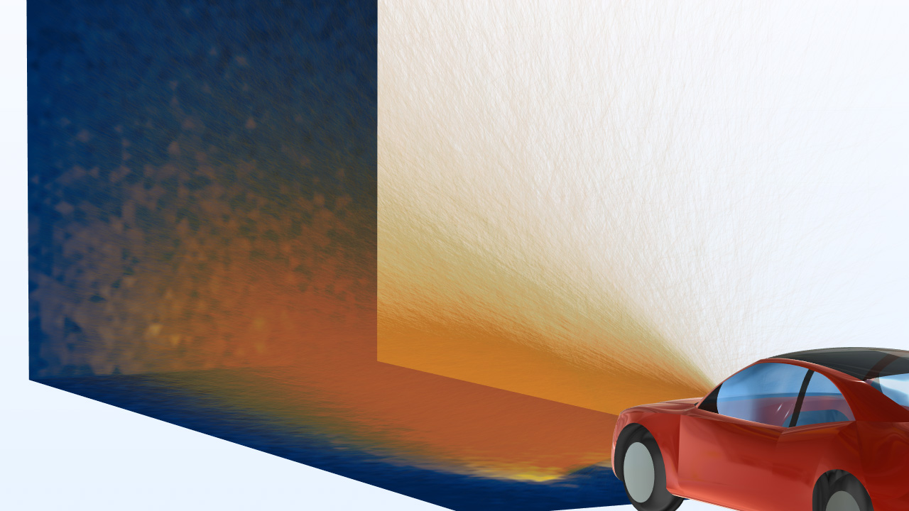 Une visualisation des résultats montrant la diffusion de la lumière, représentée par des rayons orange, provenant d'un modèle de voiture rouge.