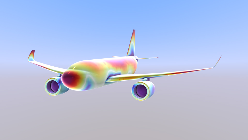 An airplane model with a sky–ground map background.