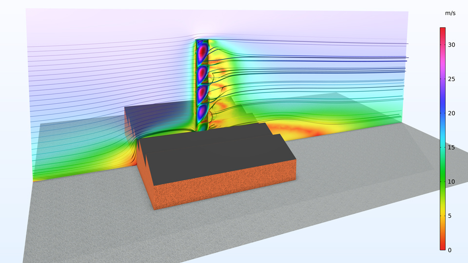 A factory chimney model showing the velocity magnitude.