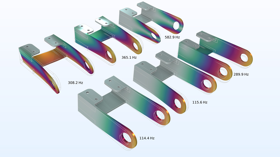 Six bracket models with the eigenfrequency annotated next to them.