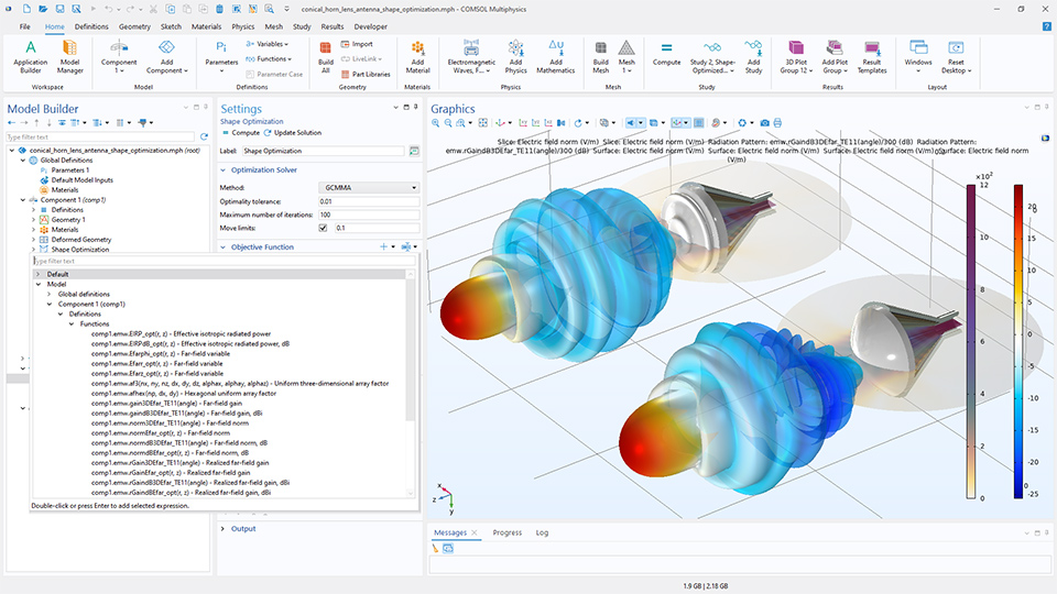 The COMSOL Multiphysics UI showing the Model Builder with the Replace Expression window expanded and two antenna models in the Graphics window.