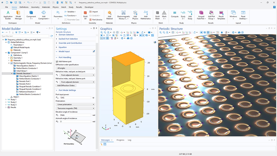 L'interface utilisateur de COMSOL Multiphysics montre le Constructeur de modèles avec le noeud Structure périodique mis en évidence, la fenêtre de réglages correspondante et deux fenêtres graphiques.