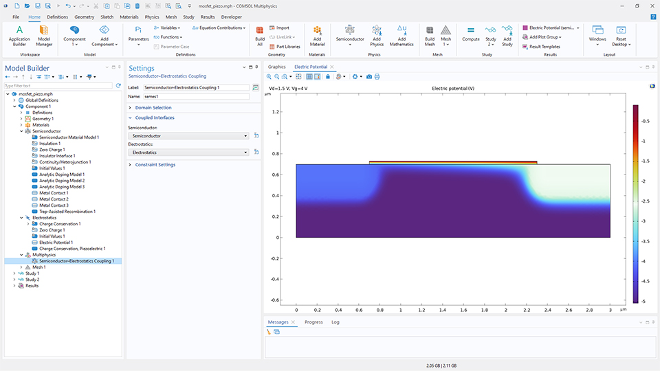 The COMSOL Multiphysics UI showing the Model Builder with the Semiconductor–Electrostatics Coupling node highlighted, the corresponding Settings window, and a mosfet model in the Graphics window.