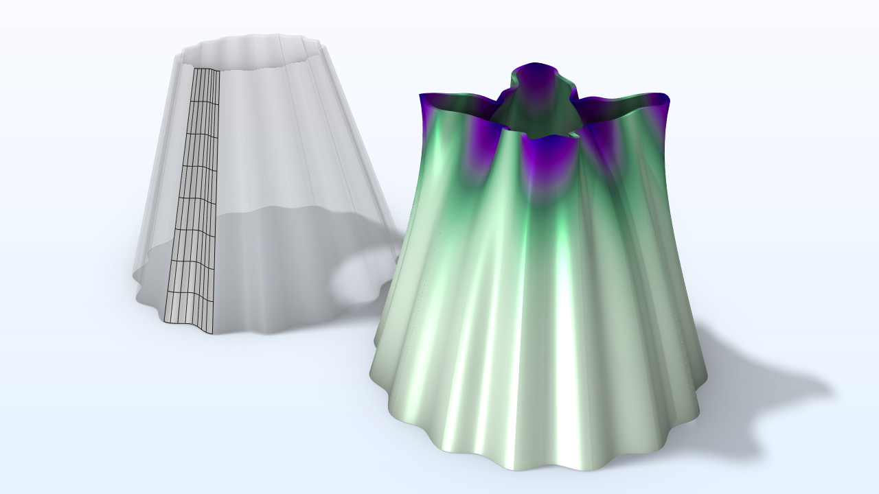 Two conical shell models showing the mesh on the left and the lowest buckling mode on the right.