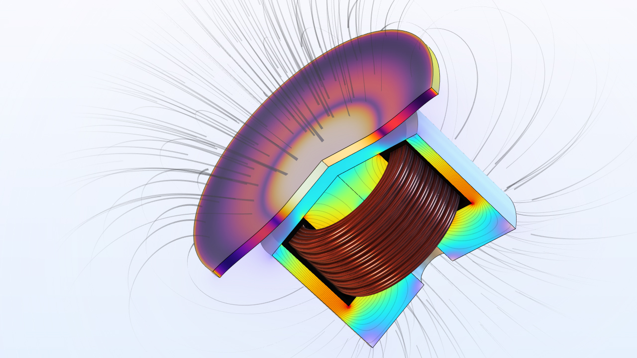 A magnetic diaphragm model showing the deformation and magnetic field.