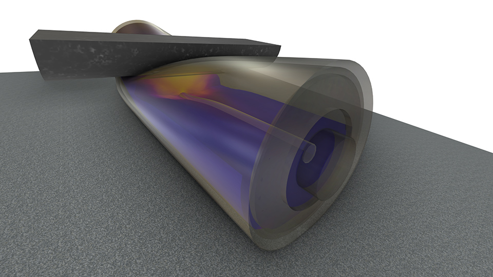 Modèle de batterie cylindrique soumis à une indentation, montrant les résultats de pression.