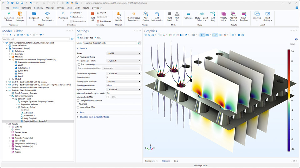 L'interface utilisateur de COMSOL Multiphysics montre le Constructeur de modèles avec le noeud Solveur direct mis en évidence, la fenêtre de réglages correspondante et un modèle acoustique dans la fenêtre graphique.