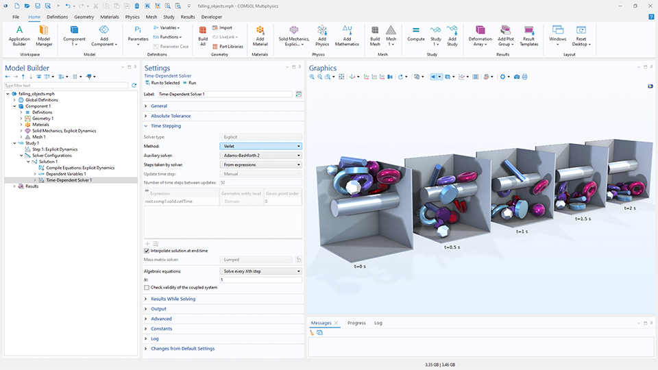 The COMSOL Multiphysics UI showing the Model Builder with the Time-Dependent Solver node highlighted, the corresponding Settings window, and a model with falling objects in the Graphics window.