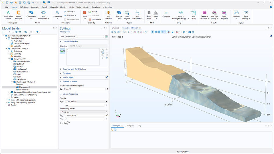 COMSOL Multiphysics のユーザーインターフェース. モデルビルダーにマクロ孔ノードが強調表示され, 対応する設定ウィンドウ, グラフィックスウィンドウに海水モデルが表示されています.