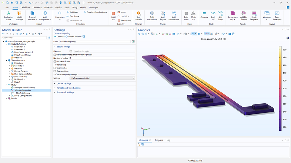 L'interface utilisateur de COMSOL Multiphysics montrant le Constructeur de modèles avec le noeud Calcul sur cluster mis en évidence, la fenêtre de réglages correspondante et un modèle d'actionneur thermique dans la fenêtre graphique.