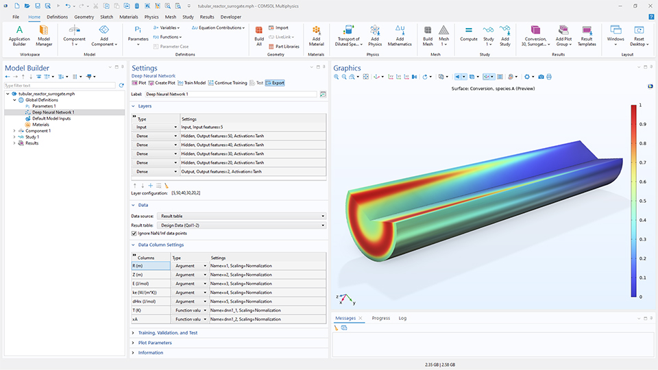L'interface utilisateur de COMSOL Multiphysics montrant le Constructeur de modèles avec le noeud Réseau de neurones profond mis en évidence, la fenêtre des réglages correspondante et un modèle de réacteur tubulaire dans la fenêtre graphique.