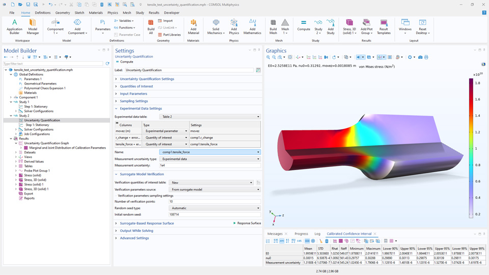 L'interface utilisateur de COMSOL Multiphysics montre le Constructeur de modèles avec le noeud Calcul d'incertitude mis en évidence, la fenêtre de réglages correspondante, et un modèle d'essai en traction dans la fenêtre graphique.