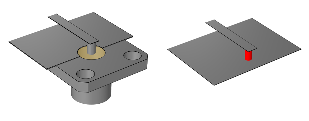 Side-by-side illustrations showing a via lumped port on the left and coaxial cable on the right.