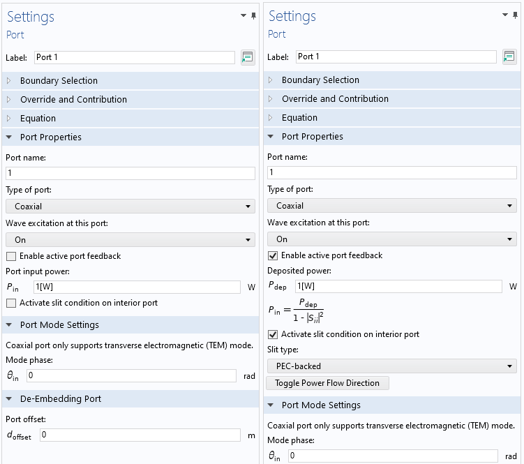 A screenshot of the Settings windows for a Port boundary condition, with the Port Properties, Port Mode Settings, and De-Embedding Port sections expanded.