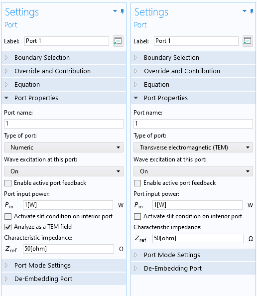 Side-by-side screenshots of the Port Settings window with the numeric port and TEM options selected on the left and right, respectively.
