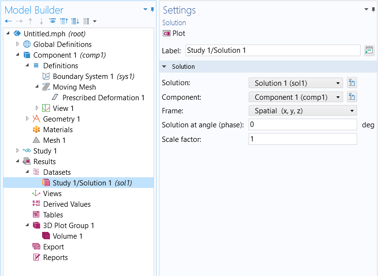 A screenshot of the model tree with the Study 1/Solution 1 option selected under the Datasets feature on the left and the Solution Settings window on the right.