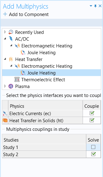 A screenshot of the Add Multiphysics window, with the Joule heating option expanded.