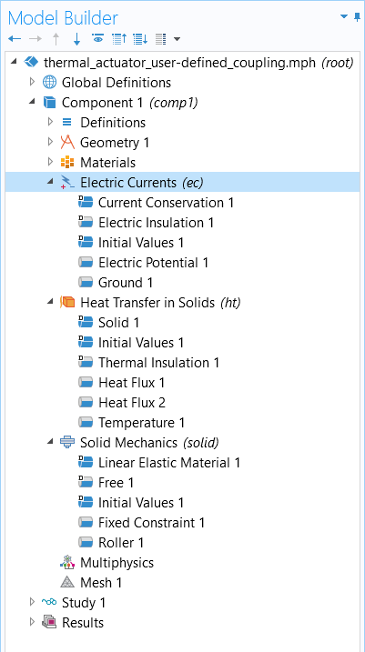 A screenshot of the Model Builder in COMSOL Multiphysics with the Electric Currents interface selected.