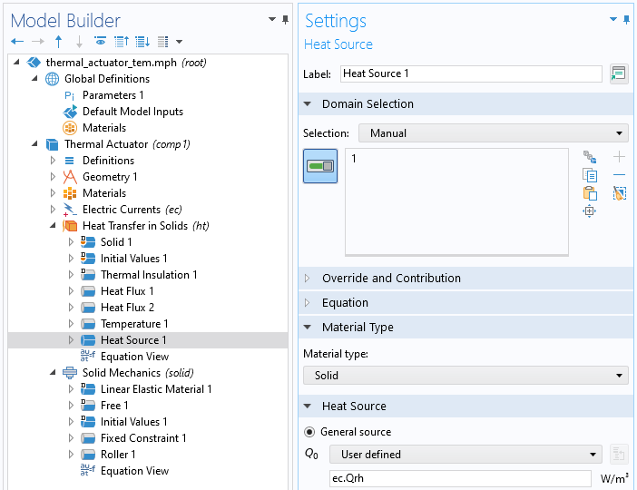 A screenshot of the Heat Source domain feature in the model tree, with its Settings window option and the Domain Selection, Material Type, and Heat Source sections expanded.