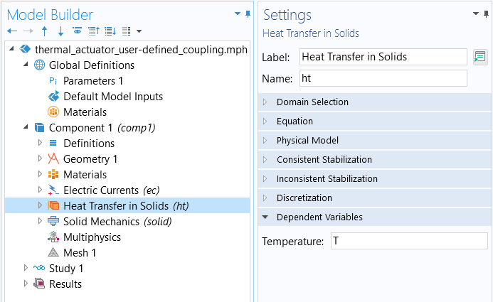 A screenshot of the Heat Transfer in Solids interface selected in the model tree, with the Settings window open on the right.