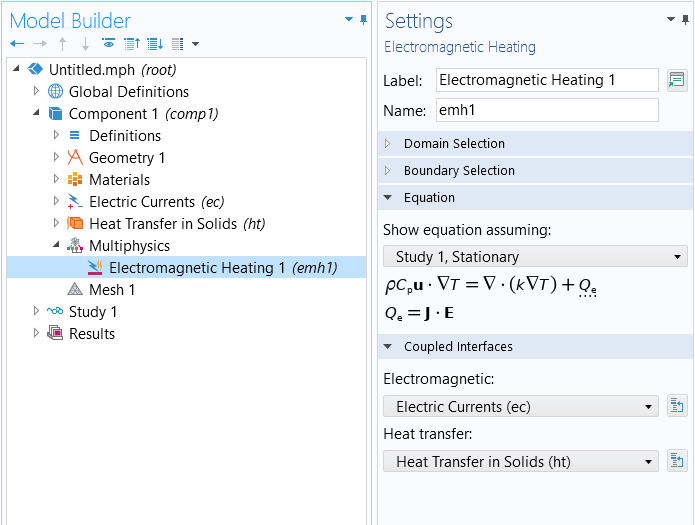 A screenshot of the settings for the Electromagnetic Heating interface, with the Equation and Coupled Interfaces sections expanded.
