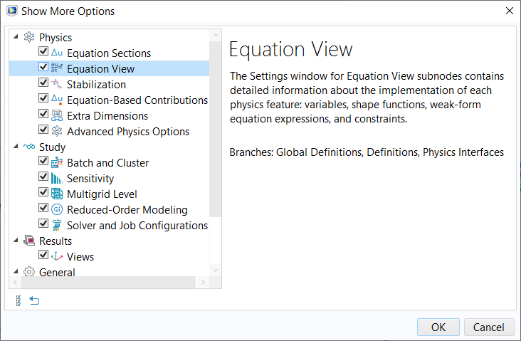 A screenshot of the Show More Options dialog box with the Equation View nodes open.