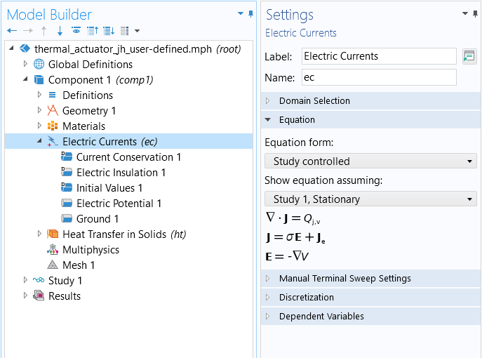 A screenshot of the Electric Currents interface Settings sindow, with the Equation section expanded.