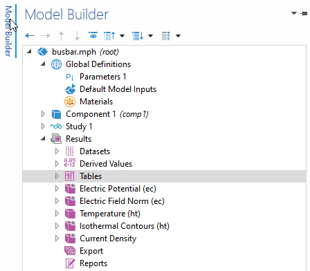 A screenshot showing a computer cursor hovering over the Model Builder tab on the left, and a preview window showing the model tree with the Tables node highlighted.
