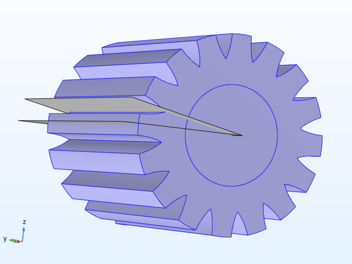 A 3D model of a purple gear with two gray work planes.